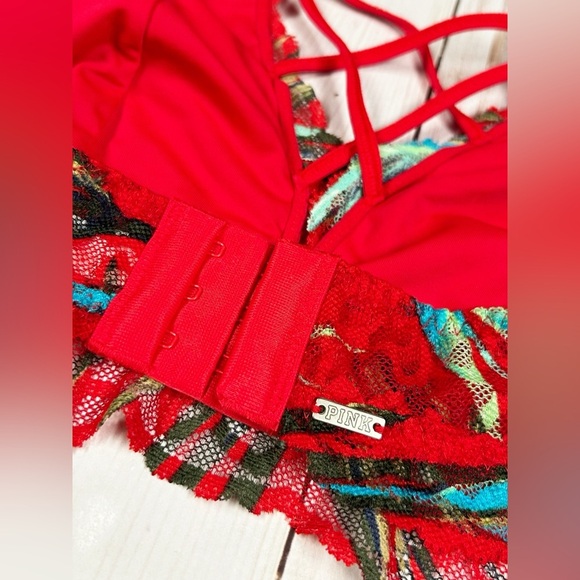 Victoria’s Secret PINK S Halter Neck Red Tropical Print Strappy Lace Bralette - Picture 6 of 10